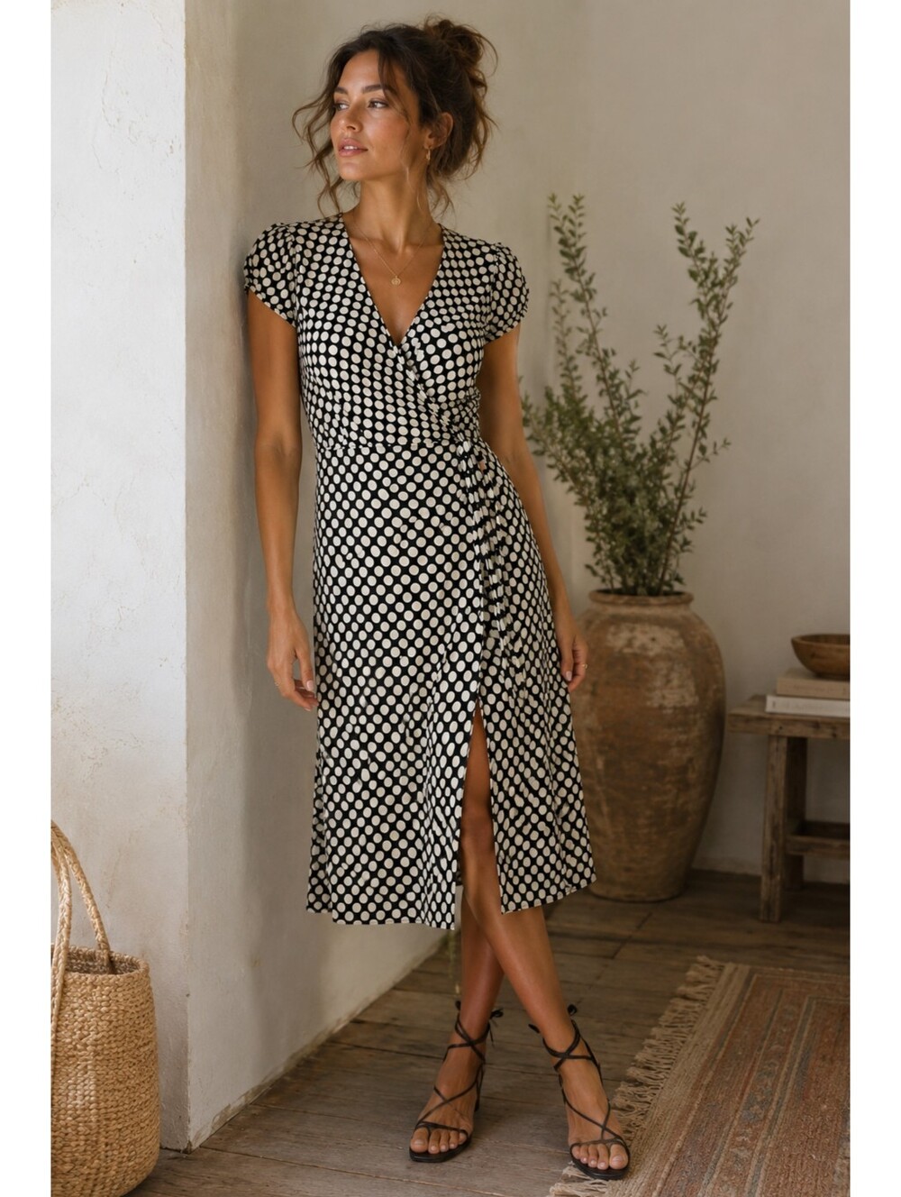 Vintage La Belle Polka Dot Faux Wrap Dress Black White Stretch Jersey Large